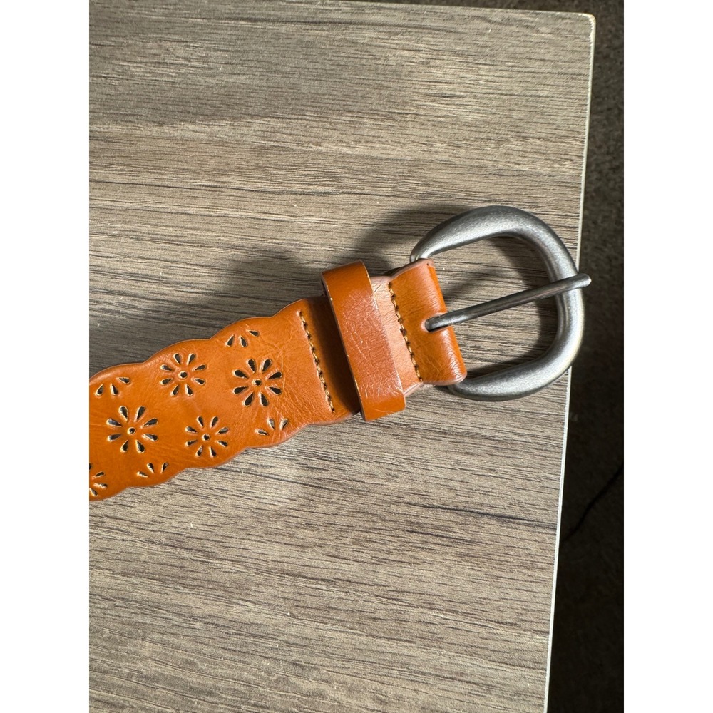 Cognac Brown Scalloped Floral Cutout Belt Silver Buckle 2XL Leather‎ Lining - Picture 8 of 12